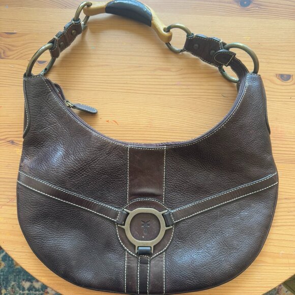 Frye Brown Leather Hobo Shoulder Bag with Wood Handle - Picture 1 of 5